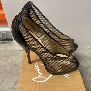CHRISTIAN LOUBOUTIN “FETILO 120” PATENT CALF/FISHNET, BLACK  Size 37. BRAND NEW